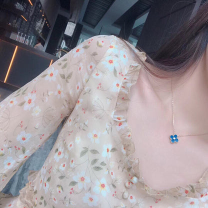 [Regal Gem]CLOVER 15MM DIAMOND AND BLUE AGATE NECKLACE