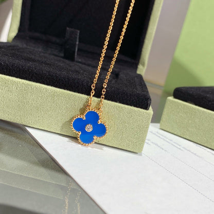 [Regal Gem]CLOVER 15MM DIAMOND AND BLUE AGATE NECKLACE