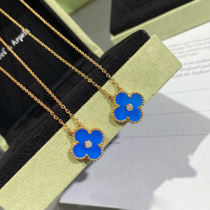 [Regal Gem]CLOVER 15MM DIAMOND AND BLUE AGATE NECKLACE