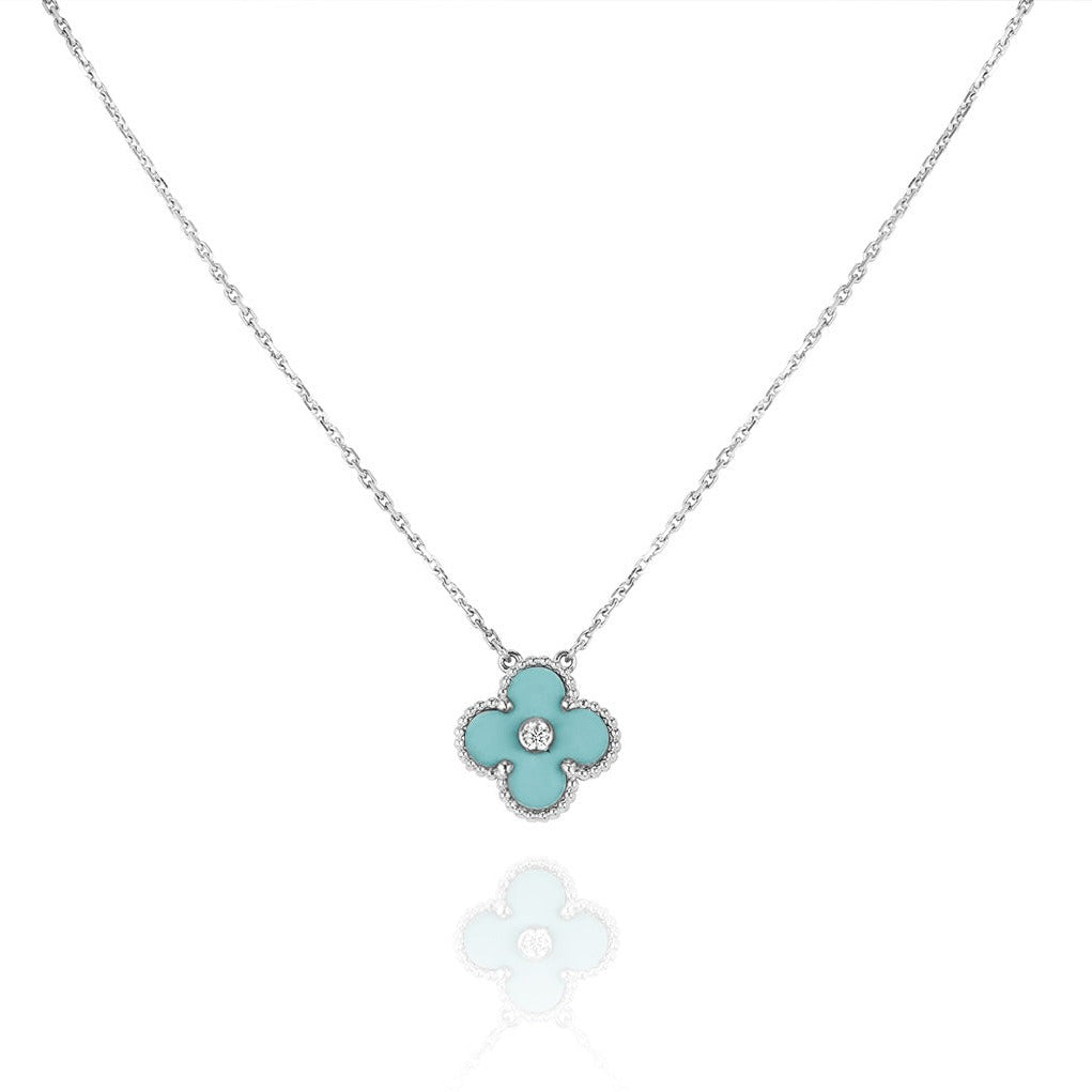 [Regal Gem]CLOVER 1 DIAMOND LIGHT BLUE SILVER NECKLACE