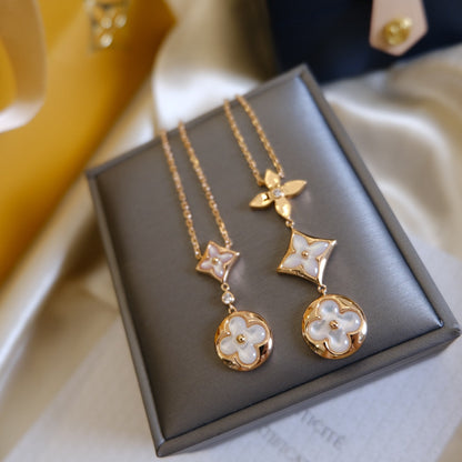 [Regal Gem]COLOR BLOSSOM LARIAT NECKLACE PINK GOLD WHITE MOTHER PEARL AND DIAMOND
