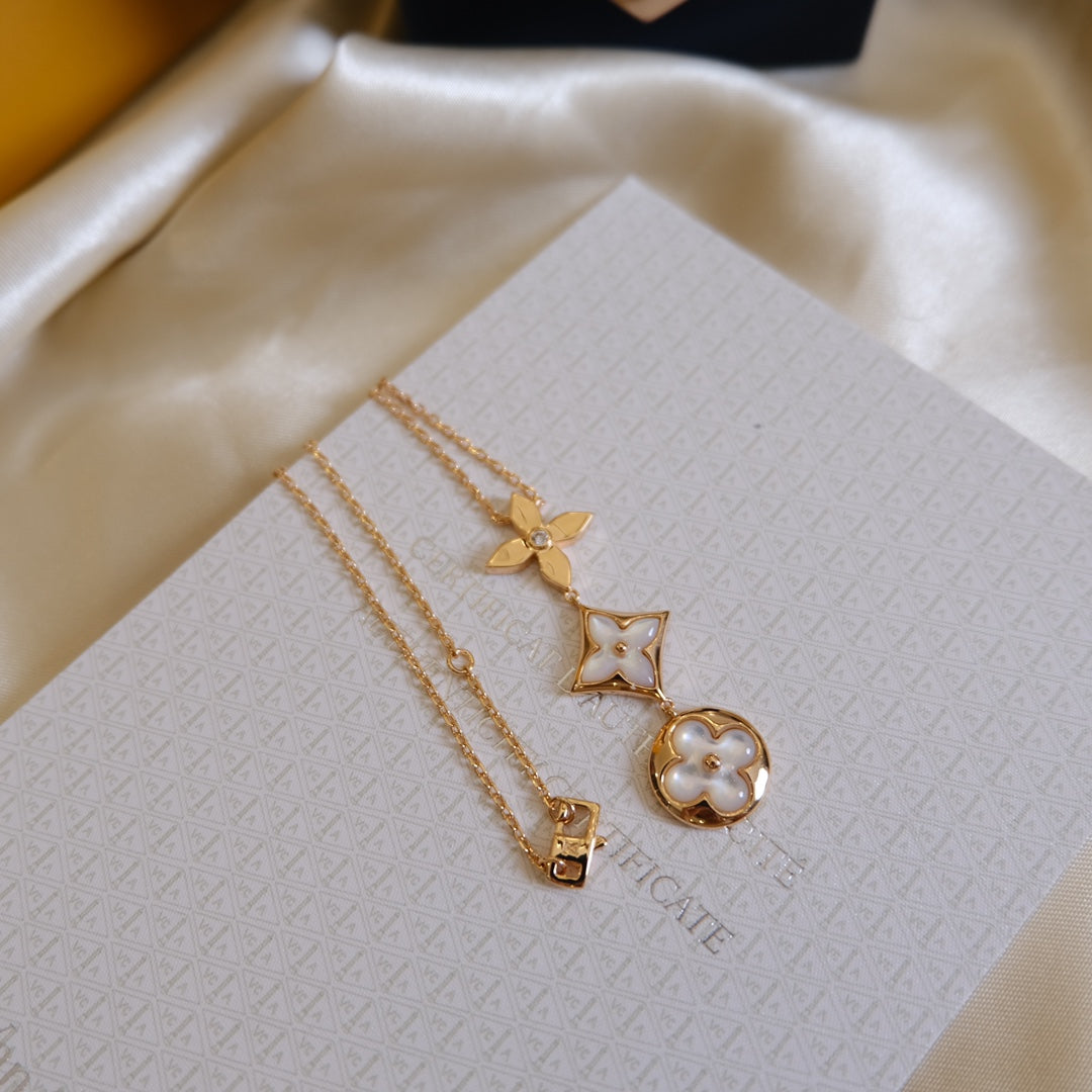 [Regal Gem]COLOR BLOSSOM LARIAT NECKLACE PINK GOLD WHITE MOTHER PEARL AND DIAMOND