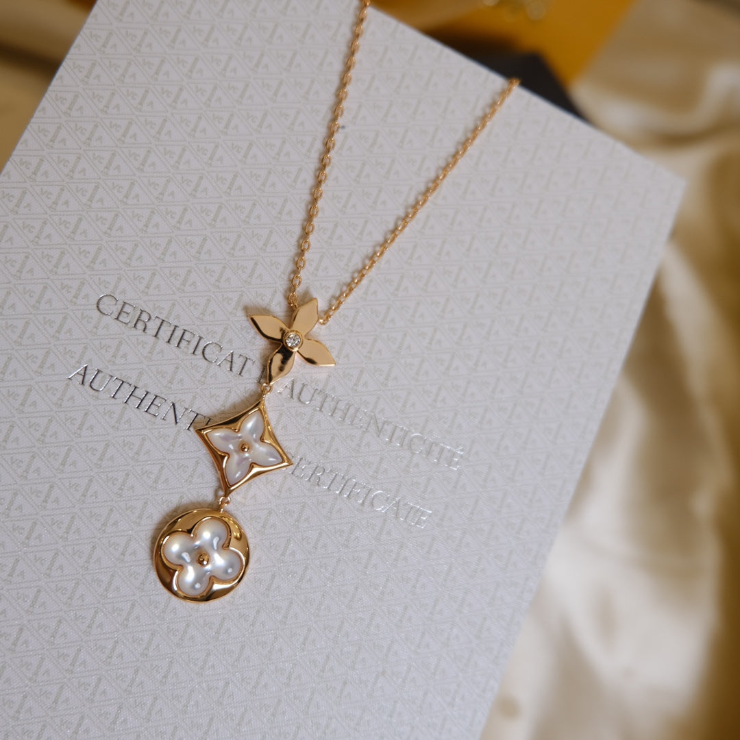 [Regal Gem]COLOR BLOSSOM LARIAT NECKLACE PINK GOLD WHITE MOTHER PEARL AND DIAMOND