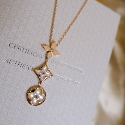 [Regal Gem]COLOR BLOSSOM LARIAT NECKLACE PINK GOLD WHITE MOTHER PEARL AND DIAMOND
