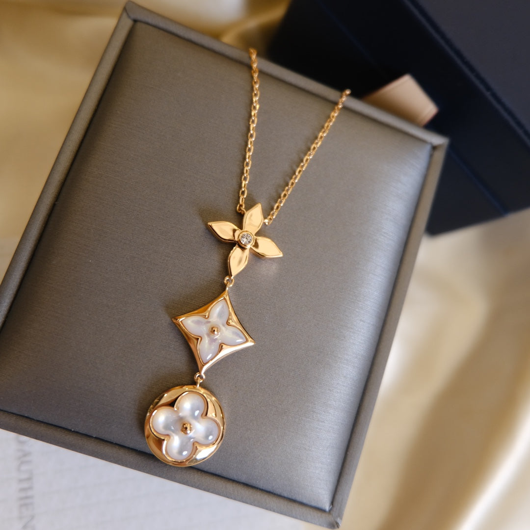 [Regal Gem]COLOR BLOSSOM LARIAT NECKLACE PINK GOLD WHITE MOTHER PEARL AND DIAMOND