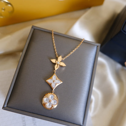 [Regal Gem]COLOR BLOSSOM LARIAT NECKLACE PINK GOLD WHITE MOTHER PEARL AND DIAMOND