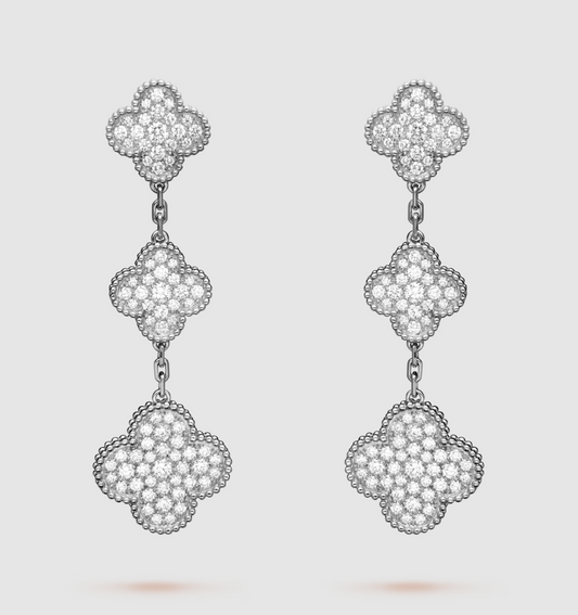 [Regal Gem]CLOVER 3 MOTIF DIAMOND SILVER DROP EARRINGS