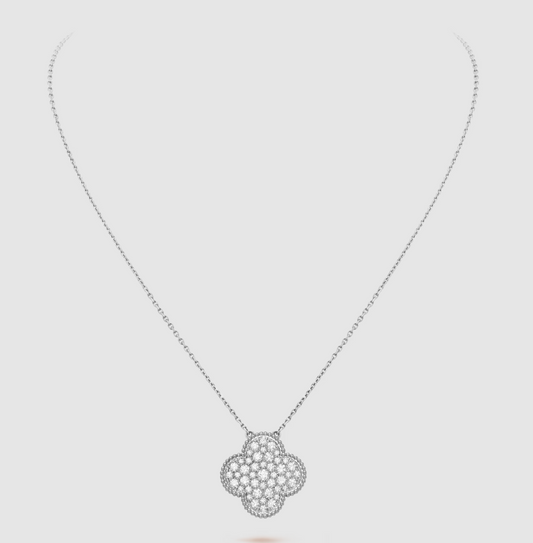 [Regal Gem]CLOVER 25MM LARGE PENDANT DIAMOND PAVED SILVER NECKLACE