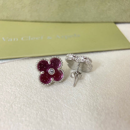 [Regal Gem]2026 NEW  CLOVER 1 MOTIFPINK ENAMEL STUD EARRINGS WITH DIAMONDS