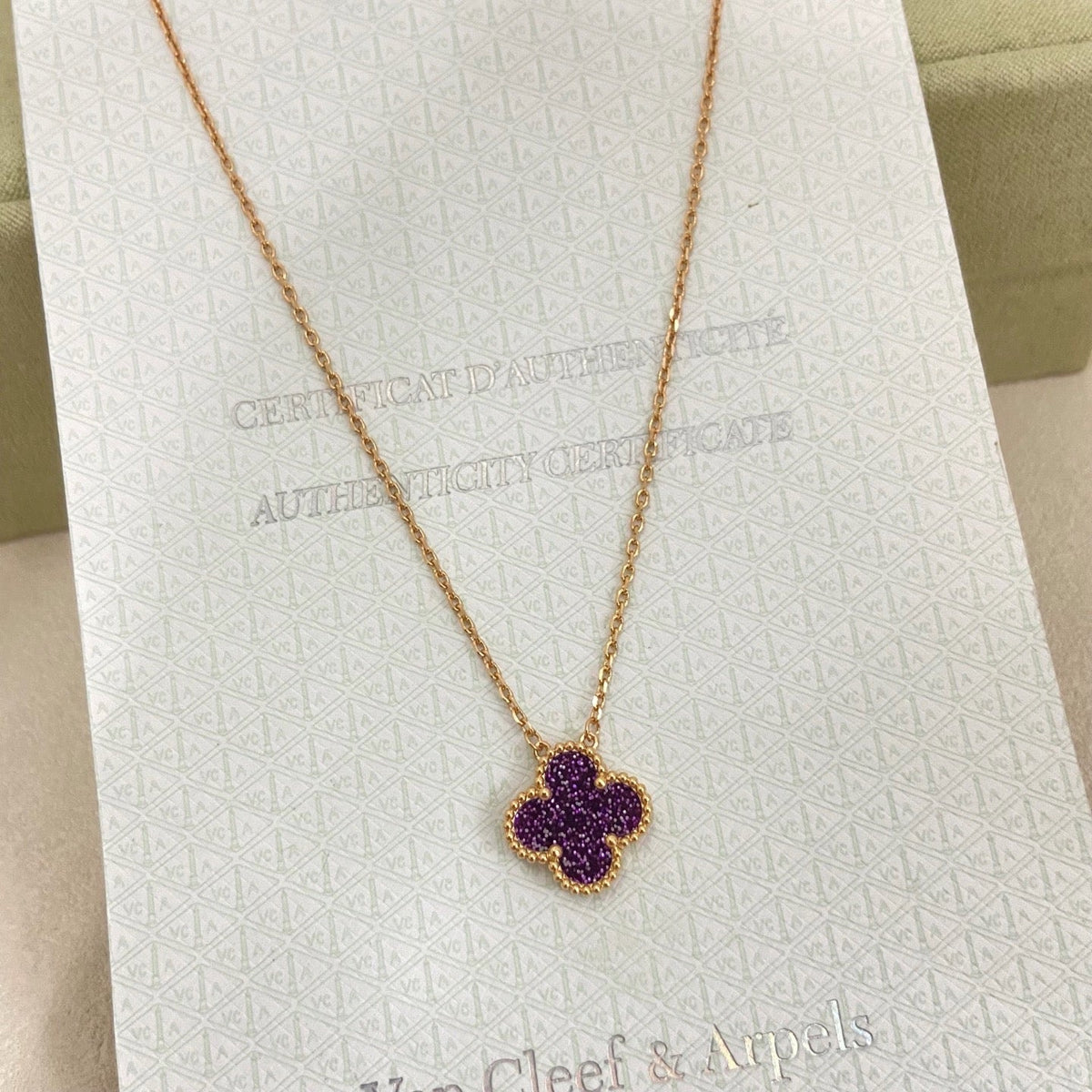 [Regal Gem Jewelry]NEW 15MM PURPLE SAND-GOLD FOUR-LEAF CLOVER NECKLACE