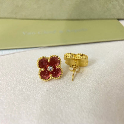 [Regal Gem]2026 NEW  CLOVER 1 MOTIFPINK ENAMEL STUD EARRINGS WITH DIAMONDS