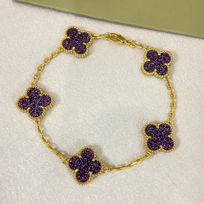 [Regal Gem]NEW PURPLE SAND-GOLD FOUR-LEAF CLOVER 5-FLOWER BRACELET