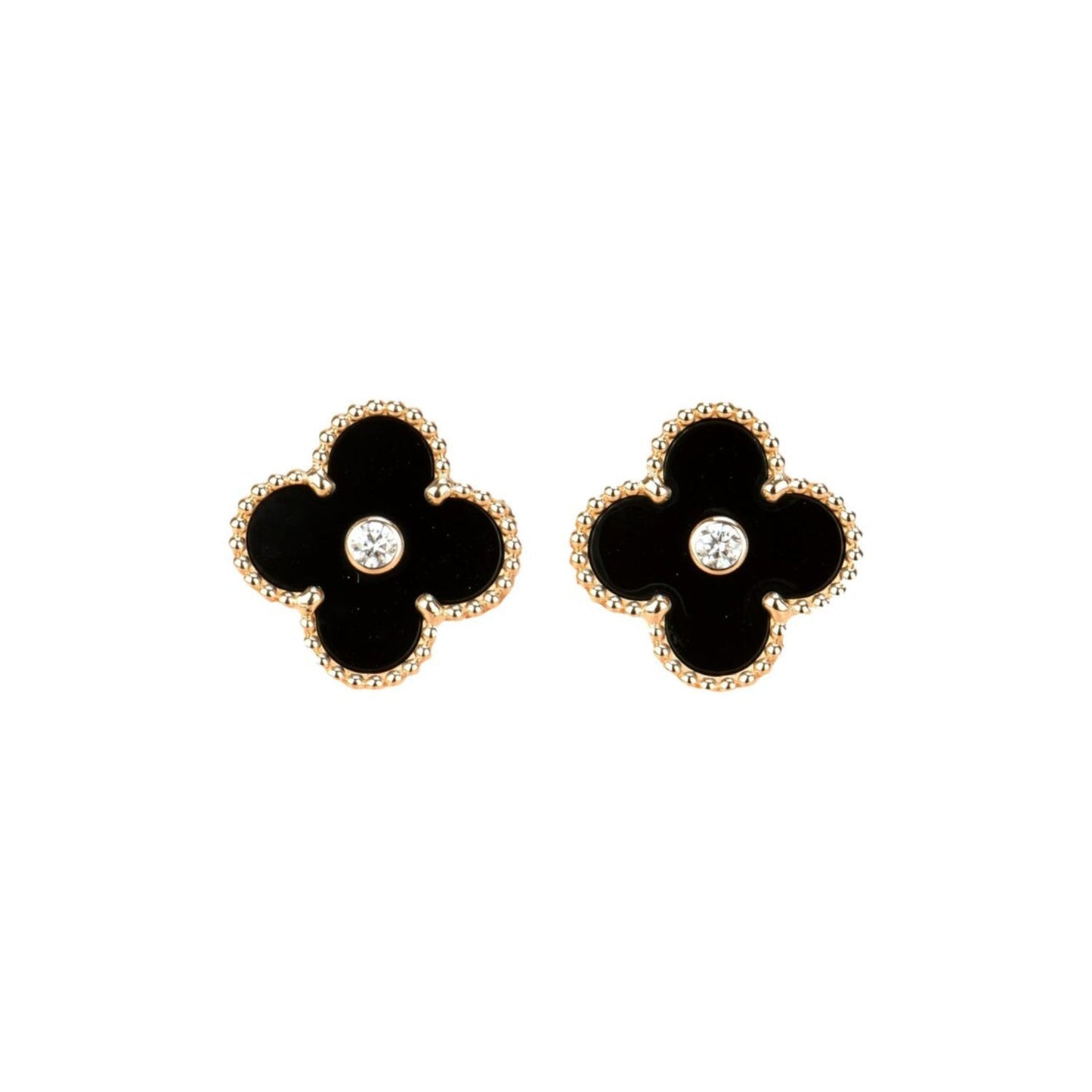 [Regal Gem]CLOVER MEDIUM 1 MOTIFS ONYX DIAMOND EARRINGS