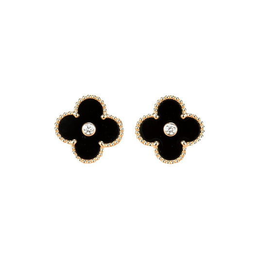 [Regal Gem]CLOVER MEDIUM 1 MOTIFS ONYX DIAMOND EARRINGS