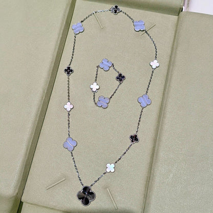 [Regal Gem]DETACHABLE CLOVER 15(11+4) FLOWER SILVER NECKLACE SET