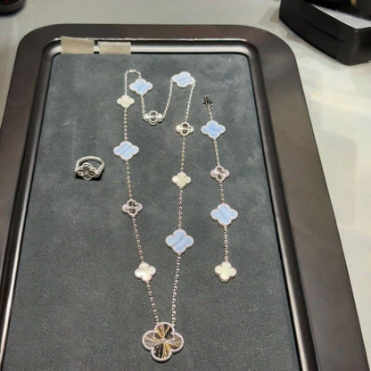 [Regal Gem]DETACHABLE CLOVER 15(11+4) FLOWER SILVER NECKLACE SET