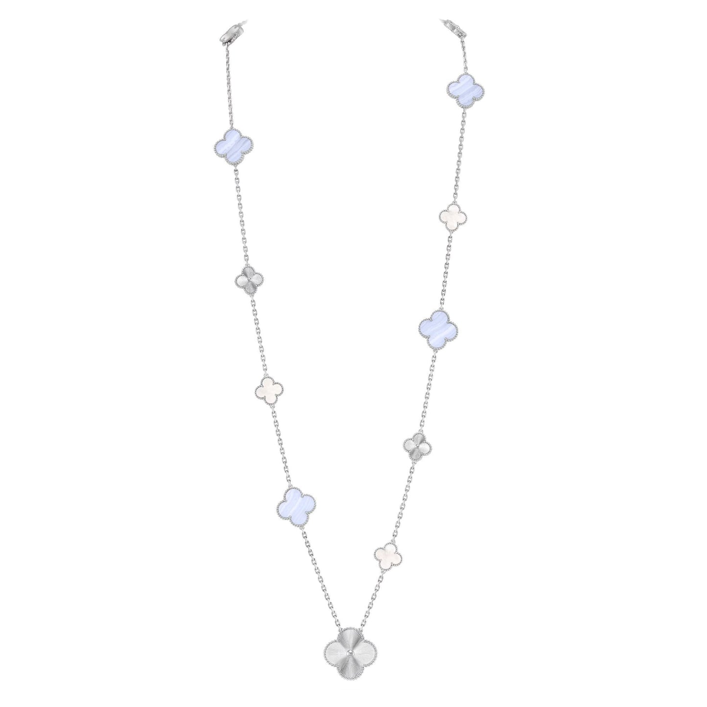 [Regal Gem]DETACHABLE CLOVER 15(11+4) FLOWER SILVER NECKLACE SET