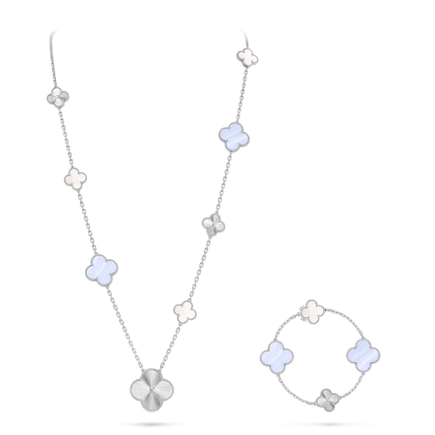 [Regal Gem]DETACHABLE CLOVER 15(11+4) FLOWER SILVER NECKLACE SET