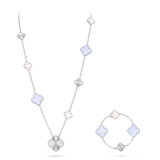 [Regal Gem]DETACHABLE CLOVER 15(11+4) FLOWER SILVER NECKLACE SET