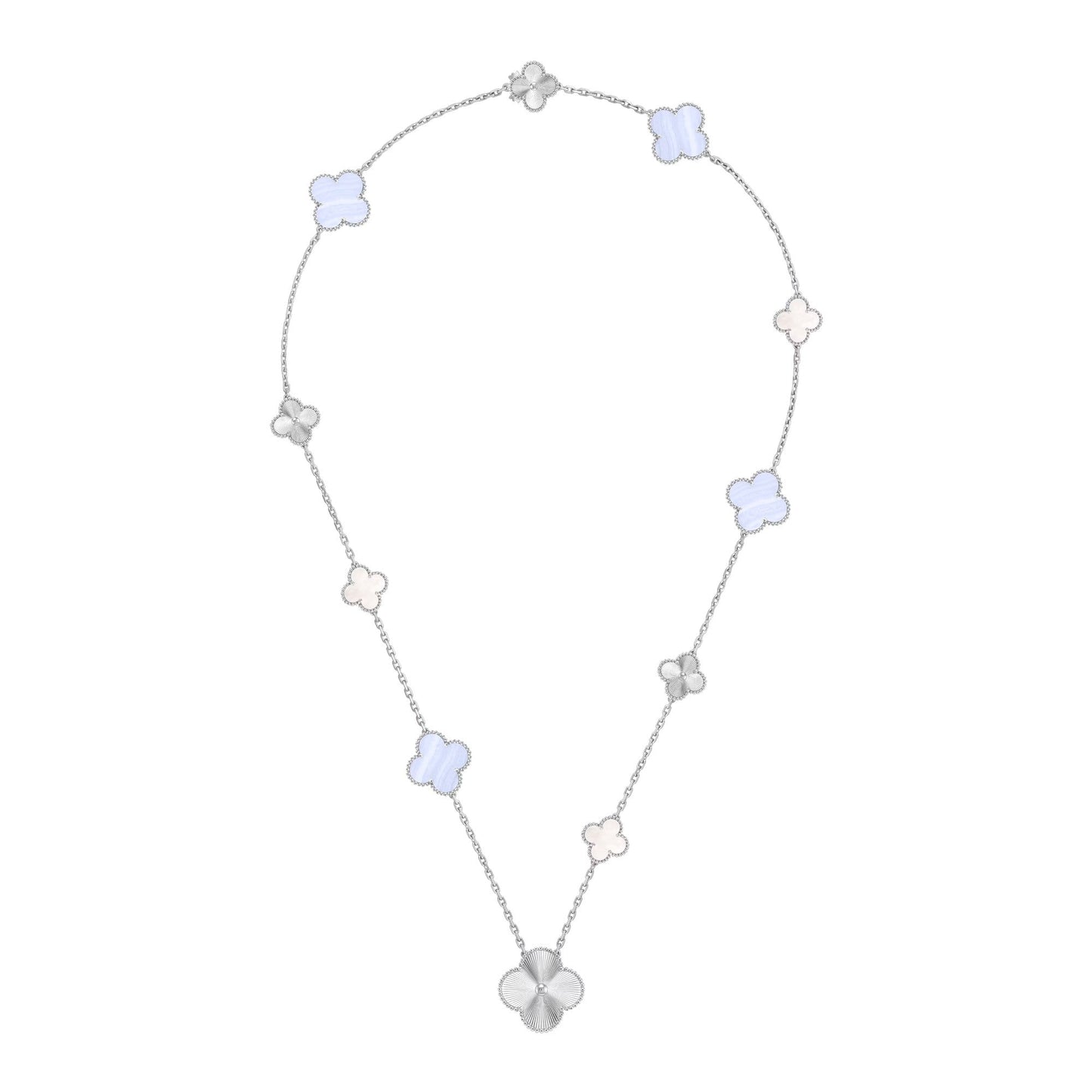 [Regal Gem]DETACHABLE CLOVER 15(11+4) FLOWER SILVER NECKLACE SET