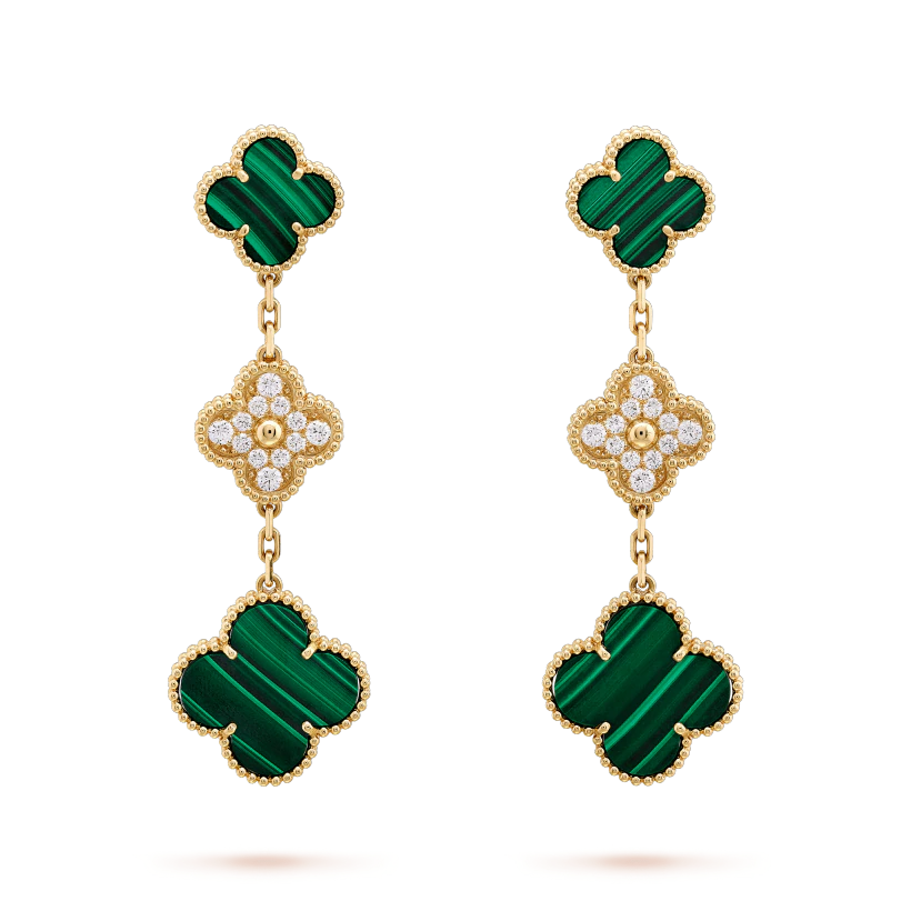 [Regal Gem]CLOVER EARRINGS GOLD MALACHITE DIAMOND 3 MOTIF