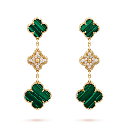 [Regal Gem]CLOVER EARRINGS GOLD MALACHITE DIAMOND 3 MOTIF