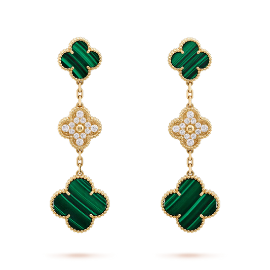 [Regal Gem]CLOVER EARRINGS GOLD MALACHITE DIAMOND 3 MOTIF