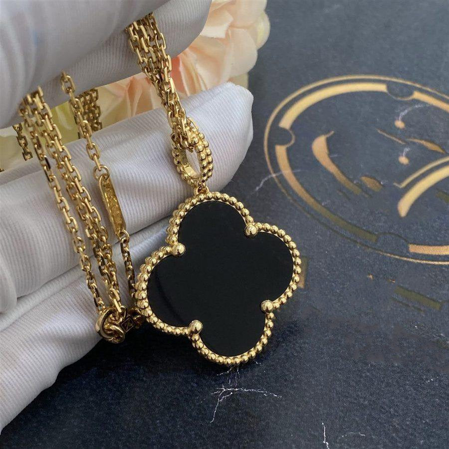 [Regal Gem]CLOVER 25MM GOLD ONYX BIG CLOVER NECKLACE