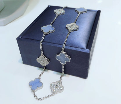 [Regal Gem]CLOVER 10 MOTIFS CHALCEDONY DIAMONDS SILVER NECKLACE