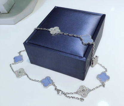 [Regal Gem]CLOVER 10 MOTIFS CHALCEDONY DIAMONDS SILVER NECKLACE
