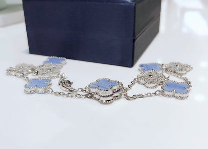 [Regal Gem]CLOVER 10 MOTIFS CHALCEDONY DIAMONDS SILVER NECKLACE