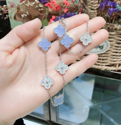 [Regal Gem]CLOVER 10 MOTIFS CHALCEDONY DIAMONDS SILVER NECKLACE